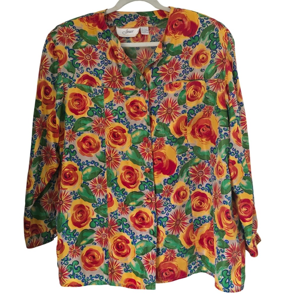 Jouer Vintage 100% Silk Pajama Set L Floral Button Top Green Pants 2 Piece Loung